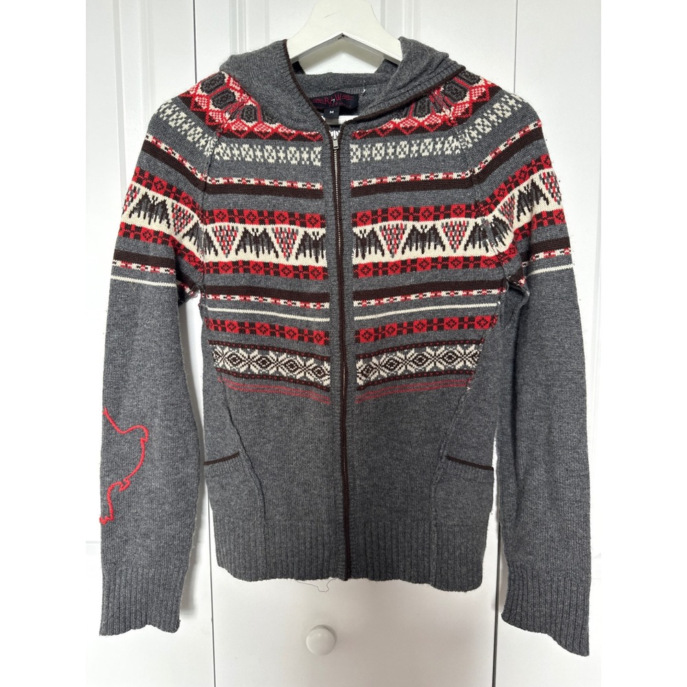 Raw 7 USA 100% Cashmere Full Zip Hoodie Grey Fair Isle Embroidered Sweater M